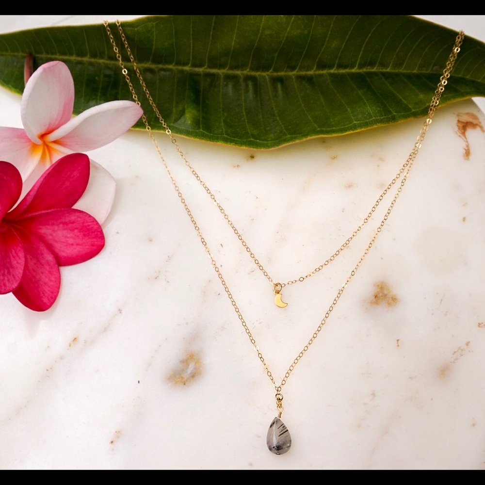 Tourmilated Quartz Crystal Necklace, Double Chain